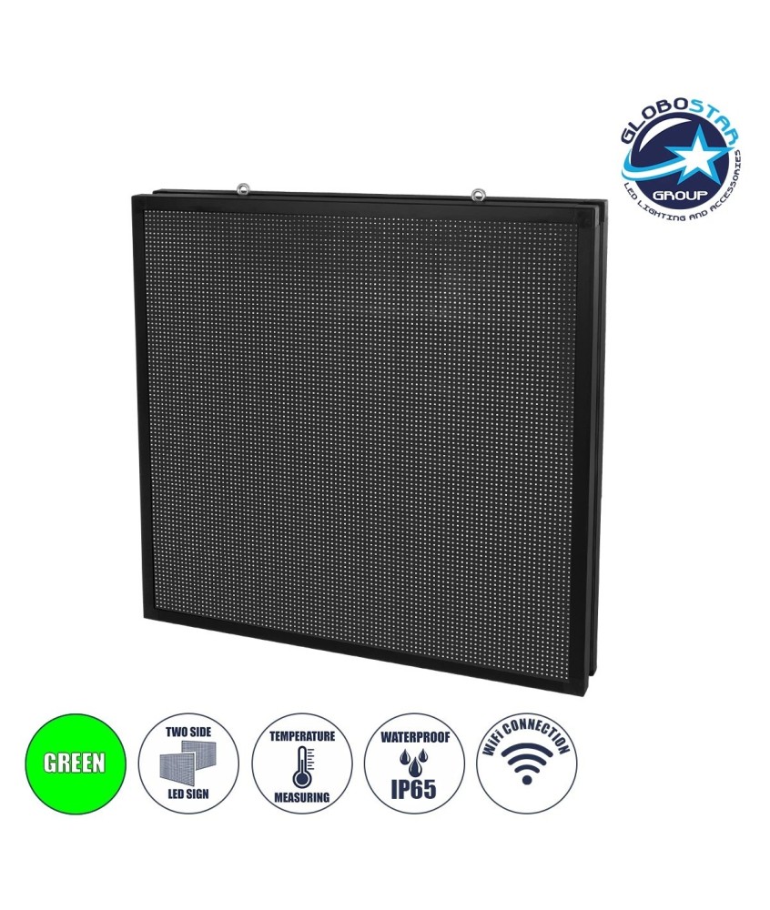 GLOBOSTAR® DISPLAY 90342 Κυλιόμενη Ψηφιακή Επιγραφή P10 Διπλής Όψης LED AC 220-240V Αδιάβροχο IP65 Πράσινο - WiFi Control μέσω FK APP - Αισθητήρας Θερμοκρασίας & Υγρασίας - Μ104 x Π12 x Υ104cm - 2 Χρόνια Εγγύηση